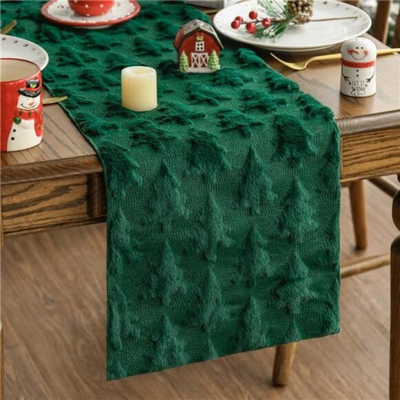 Other - Christmas Trees Green Soft Plush Faux Fur Jacquard Christmas Table